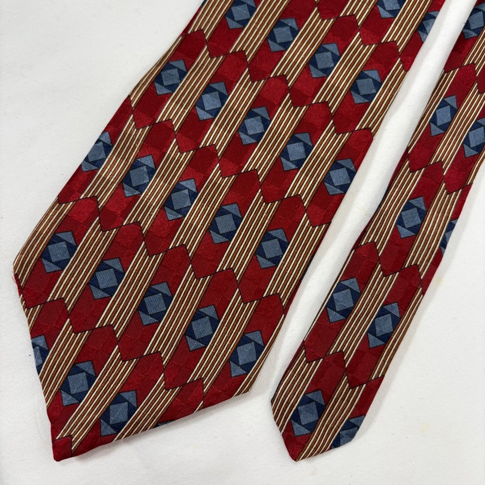 Oscar de la Renta Red Blue Gold Geometric Silk Necktie Couture Collection‎ Men